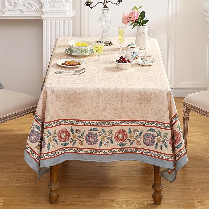 Beige Linen Square Tablecloth,Vintage Indian Style Soft and Colorfast Floral Tablecloths,Decorative Table Cover for Kitchen,Dining,Party,Thanksgiving,Christmas,67"*67"-Flowershadow E