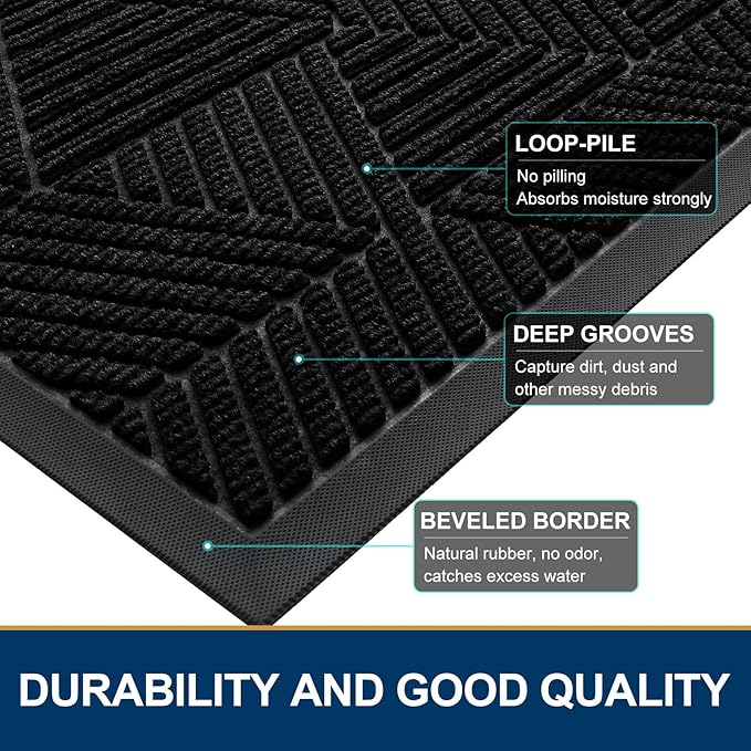 Smiry Front Door Mat Outside Entrance, Heavy Duty Sturdy Natural Rubber Doormat, Trap Dirt and Moisture, Easy Clean Low Profile Mats for Indoor Outdoor Entry, Irregular Triangle (33x21, Black)