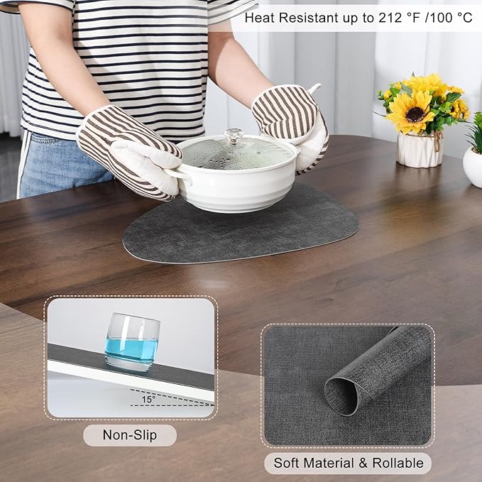 Placemats and Coasters, Washable Reversible Placemats Round Faux Leather Wipeable Place Mats Non Slip Heat Resistant Indoor Outdoor Table Mats (Set of 4, Gray)