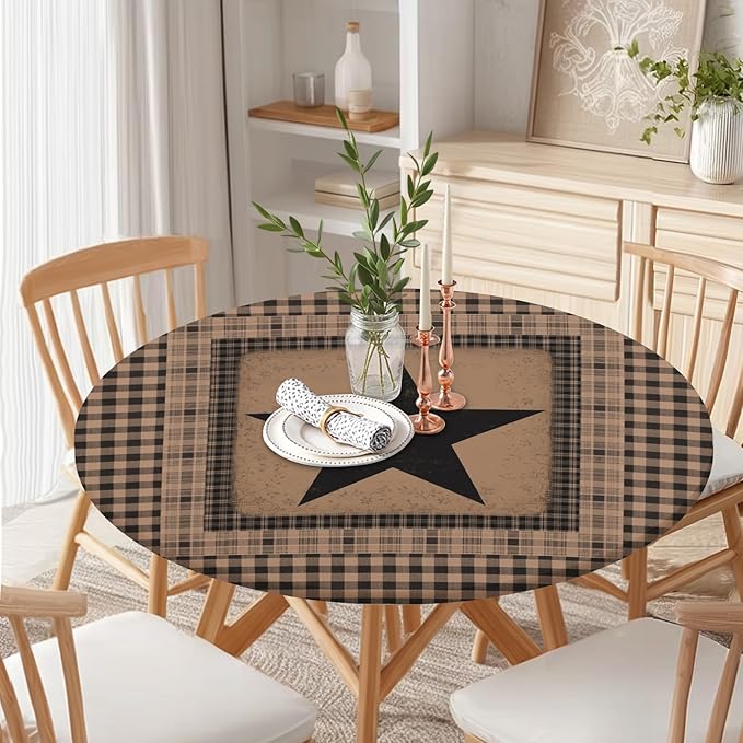 Western Texas Star Round Fitted Tablecloth with Elastic Vintage Primitive Brown Black Checkered Circle Table Cover for 40-44" Tables Waterproof Washable Country Plaid Table Cloth for Kitchen Dining