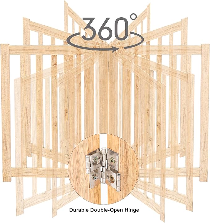 LZRS 4-Panel Wooden Free Standing Foldable Dog Gate Indoor – 24" High, Extra Wide Step-Over Safety Pet Gate for Doorways, Stairs, Hallways, Large Spaces & Playpen for Puppies Indoor Use, Natural