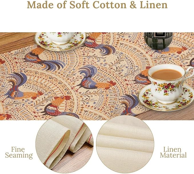 Cute Roosters Table Runner, Boho Rustic Cock Chicken Vintage Arch Floral Plants Print Table Cover for Holiday Kitchen Dining Table Indoor Outdoor Home Party Decor, 13x90inch