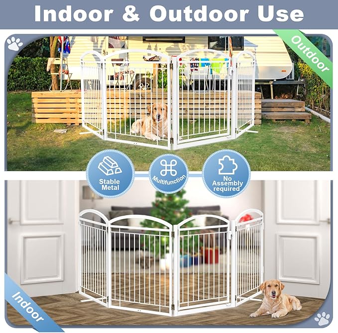 Full Metal Free Standing Dog Gate with Door for Outdoor Indoor,96'' Extra Wide 36'' Tall Dog Gates for Doorways,Large Openings,Decks,Porch,Freestanding Portable Pet Fence(4 Panels,White)
