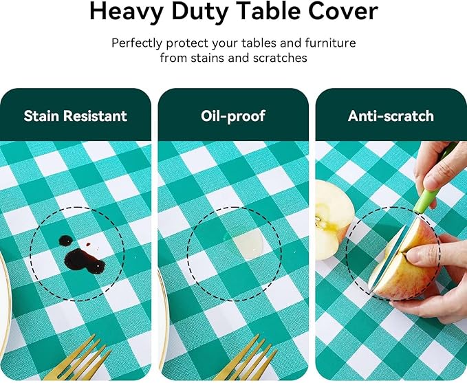 Romanstile Rectangle Vinyl Tablecloth, 100% Waterproof Buffalo Gingham Plastic Table Cloth, Heavy Duty Wipeable Checkered Table Covers for Outdoor, Camping, Picnic, Patio - 52 x 70, Teal Green