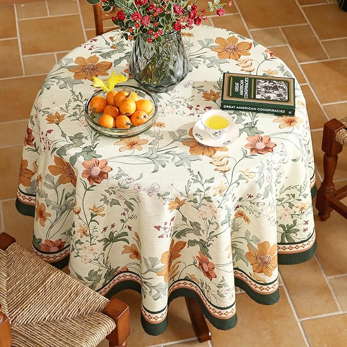 French Tablecloth for Round Table,Linen Orange Floral Wrinkle Resistant Tablecloths,Decorative Table Cover for Kitchen,Dining,Tea Party,Thanksgiving,Christmas,Diameter 67"-Milch