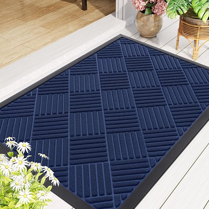 Smiry Front Door Mat Outside Entrance, Heavy Duty Outdoor Indoor Natural Rubber Doormat, Non Slip, Trap Dirt and Moisture, Easy Clean, Low Profile Patio Porch Entryway Mat, 59x35, Navy Blue