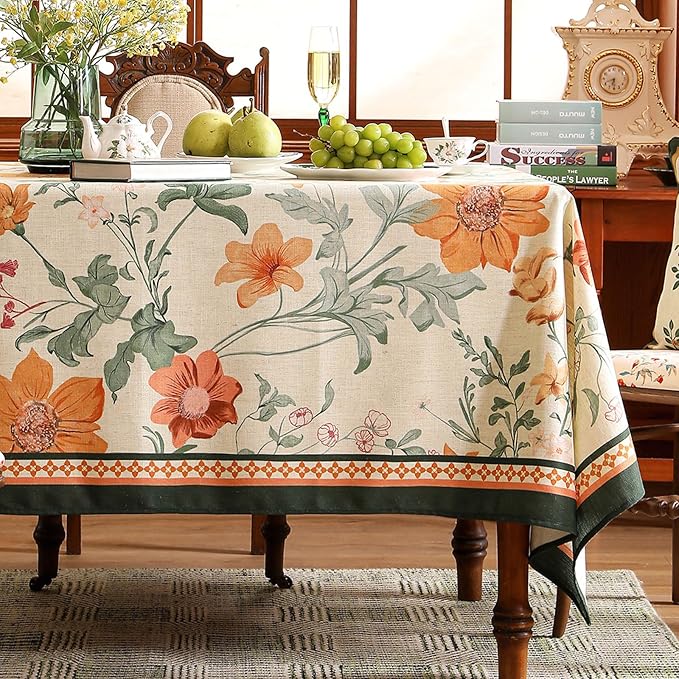 French Long Tablecloth for Rectangle Table,Linen Orange Floral Wrinkle Resistant Tablecloths,Decorative Table Cover for Kitchen,Dining,Tea Party,Thanksgiving,Christmas,63"*94"-Milch