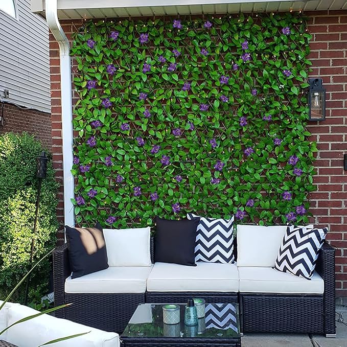 Expandable Fence Privacy Screen for Balcony Patio Outdoor,Decorative Faux Ivy Fencing Panel,Artificial Hedges (Single Sided Leaves) (4, Green Flowers)