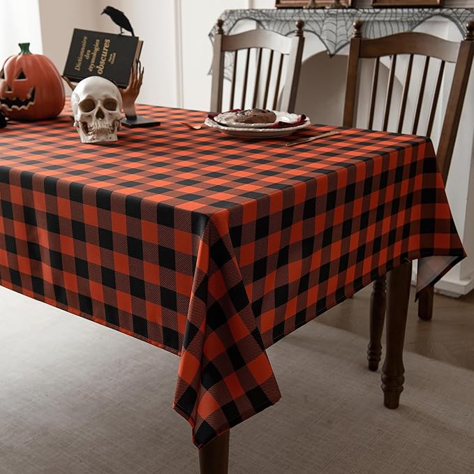 Waterproof Gingham Festive Tablecloth Fabric - Oblong 52x70 Inch Classic Buffalo Tartan Autumn Table Cloth for Outdoor Use - Halloween Coloring Tabletop Cover for Dinner, BBQs, and Parties