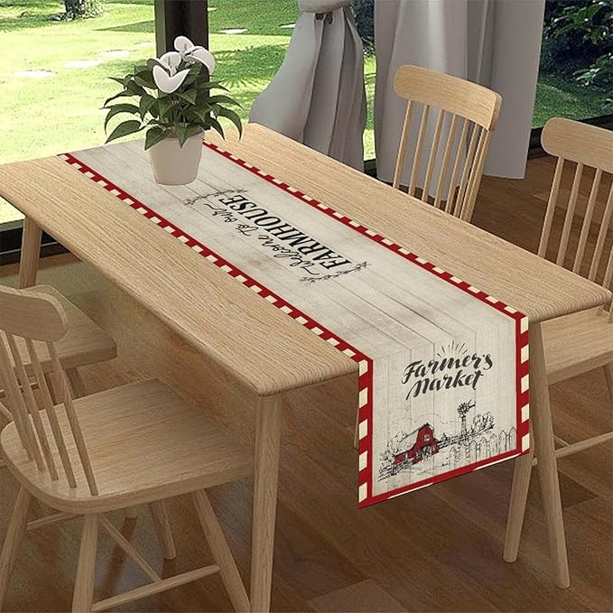 Farmhouse Table Runner, Rustic Country Barn Cottage Rooster Check Animal Plank Coffee Table Center Decor for Home Kitchen Dining Patio Holiday Party Indoor Outdoor Table Decorations 13"x90"