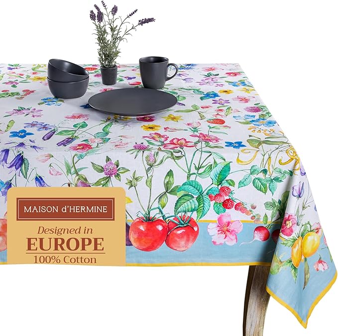 Maison d' Hermine Table Cloth Rectangle Table 100% Cotton 70 x 120 Inches Tablecloth Reusable Decorative Everyday Use for Dining Room, Farmhouse, Home, Party, Festive & Wedding Spring Summer - Giverny