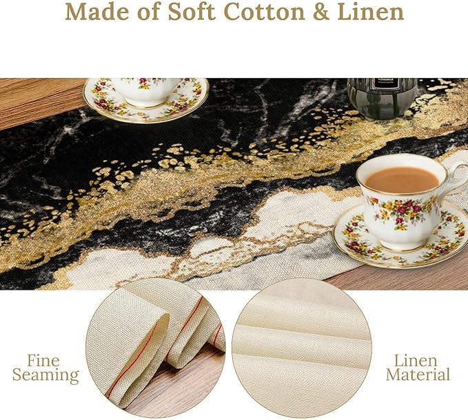 Marble Table Runner, Ink Golden Marble Texture Table Runner for Kitchen Wedding Farmhouse Indoor Outdoor Home Party 13x60in