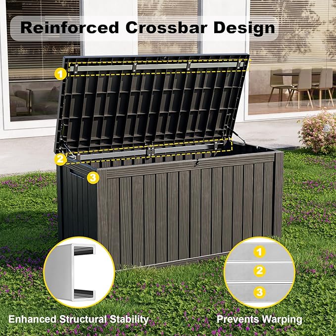 EasyUp 180 Gallon Outdoor Storage Box Waterproof, UV Resistant Resin Deck Box with Hydraulic Rod, Reinforced Stability for Patio, Garden, and Pool, Striped Black