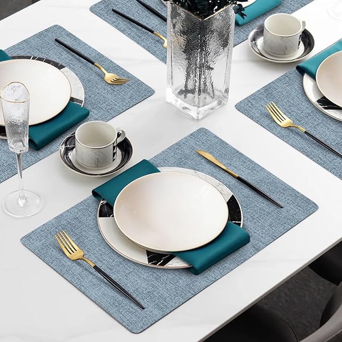 Faux Leather Heat Resistant Placemats Set of 4 – Waterproof Oilproof Wipeable Dining PU Place Mat Easy Clean Table Mats for Kitchen/Dining/Party/Holiday, Blue