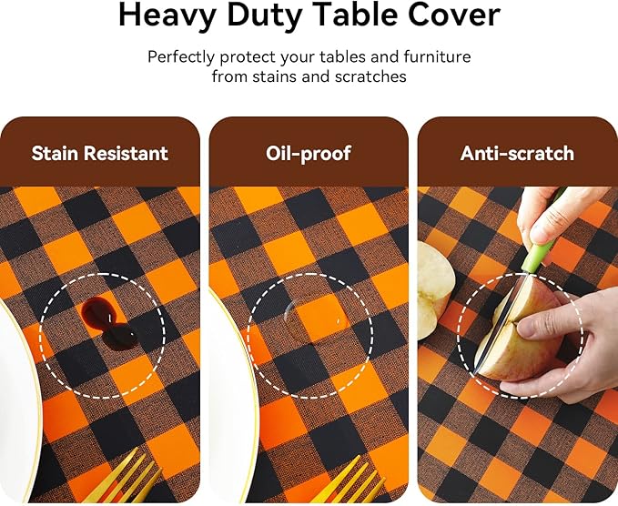 Romanstile Rectangle Vinyl Tablecloth, 100% Waterproof Buffalo Gingham Plastic Table Cloth, Heavy Duty Wipeable Checkered Table Covers for Outdoor, Camping, Picnic, Patio - 52 x 70, Black and Orange