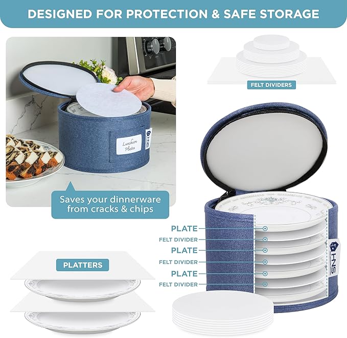 China Storage Hard Shell Containers 8-Piece Set Moving Boxes for Dinnerware, Glasses, Plates, Mugs and Saucers Sturdy Dish Organizer with Dividers for Seasonal Storage - Service for 12 - Denim Blue