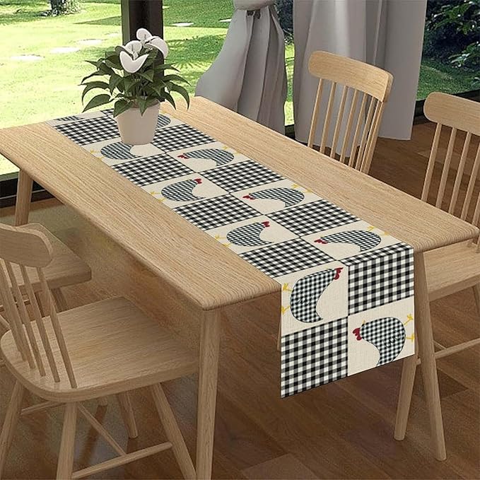 Farmhouse Rooster Table Runner, Rustic Farm Chicken Black White Plaid Buffalo Retro Coffee Table Center Decor for Home Kitchen Dining Patio Party Indoor Outdoor Table Decorations, 13" X 108"
