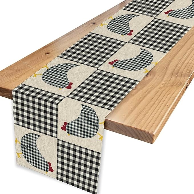 Farmhouse Rooster Table Runner, Rustic Farm Chicken Black White Plaid Buffalo Retro Coffee Table Center Decor for Home Kitchen Dining Patio Party Indoor Outdoor Table Decorations, 13" X 36"
