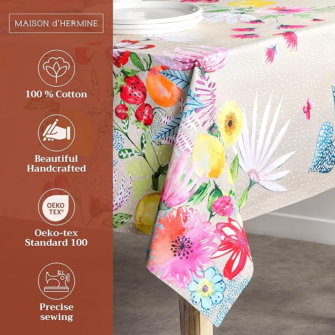 Maison d' Hermine Table Cloth Square Table 100% Cotton 54 x 54 Inches Tablecloth Reusable Decorative for Dining Room, Farmhouse, Home, Party, Festive & Wedding Spring Summer - Jardin D'Ete - Fog