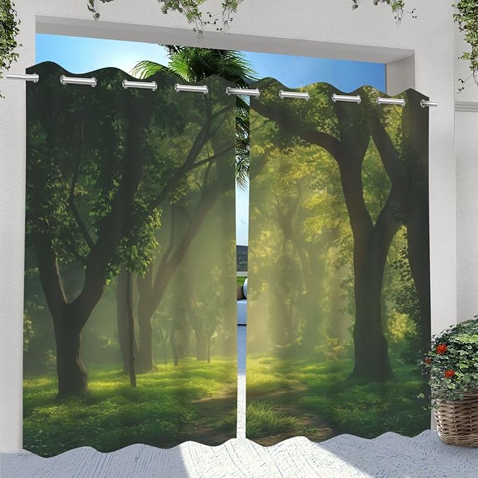 Forest Theme Waterproof Outdoor Curtains for Patio,Dawn Trees Jungle Pattern,Grommet Curtain for Bedroom, Porch, Living Room, Pergola, Cabana,2 Panels,W54 x L84,Green