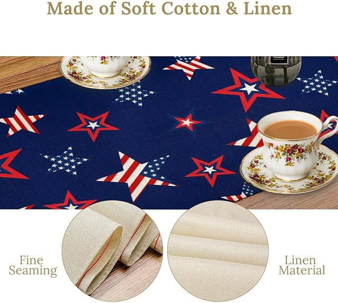 4th of July Patriotic Table Runner, Memorial Day Independence Day Freedom Stars Table Runner for Indoor Kitchen Dining Outdoor Holiday Party 13x70in