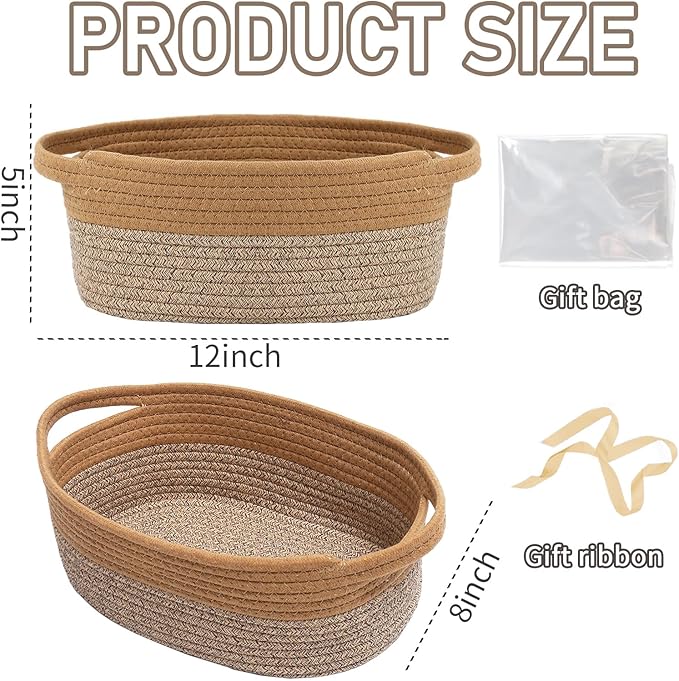 Woven Basket,Small Rope Storage Bin with Handles & Ribbon Bag, Organizer for Shelves Closets,Gift Basket Empty for Birthday,Books,Dog Toys, Jute&Brown/3 Pack