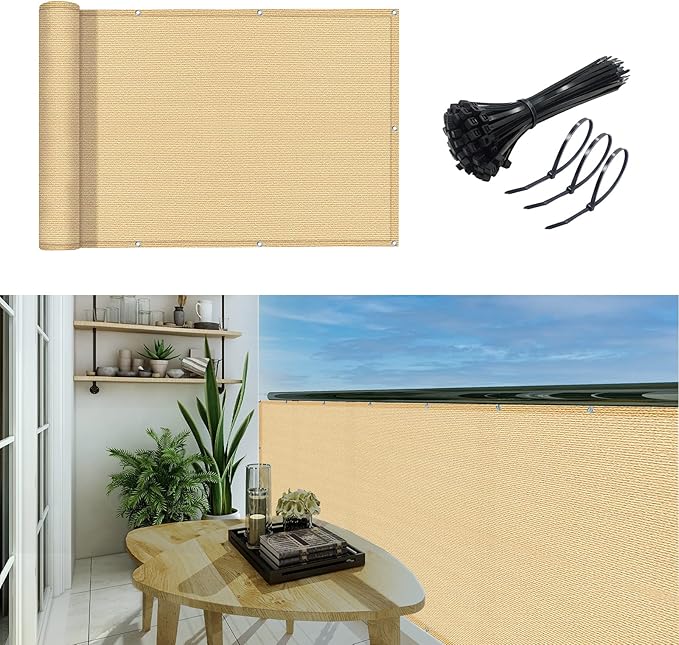3'x16.4'Balcony Privacy Screen Cover Fence Cover UV Protection Weatherproof Windscreen Heavy Duty for Patio, Backyard,Sand