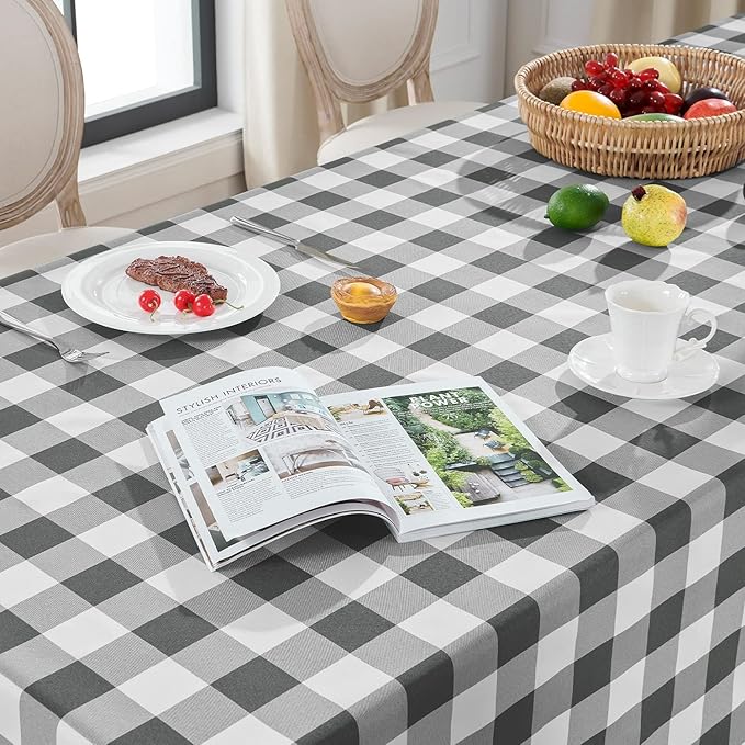 Softalker Gingham Checkered Tablecloth Rectangle - Outdoor Waterproof Buffalo Plaid Table Cloth, Stain Resistant Washable Table Cover for Picnic, Camping, Dining - Grey and White, 60 x 102 Inch