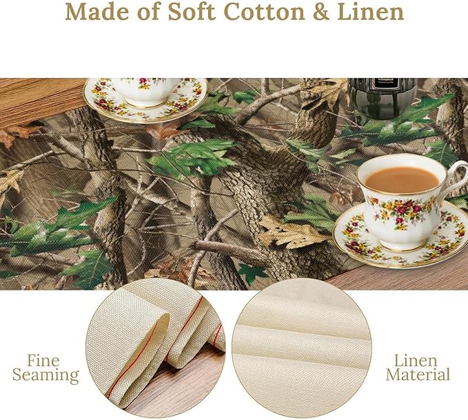 Forest Camouflage Table Runner, Camo Conifer Oak Branches Mossy Hunting Lodge Camp Cabin Table Runner for Kitchen Dining Room Party Camping 13x108in