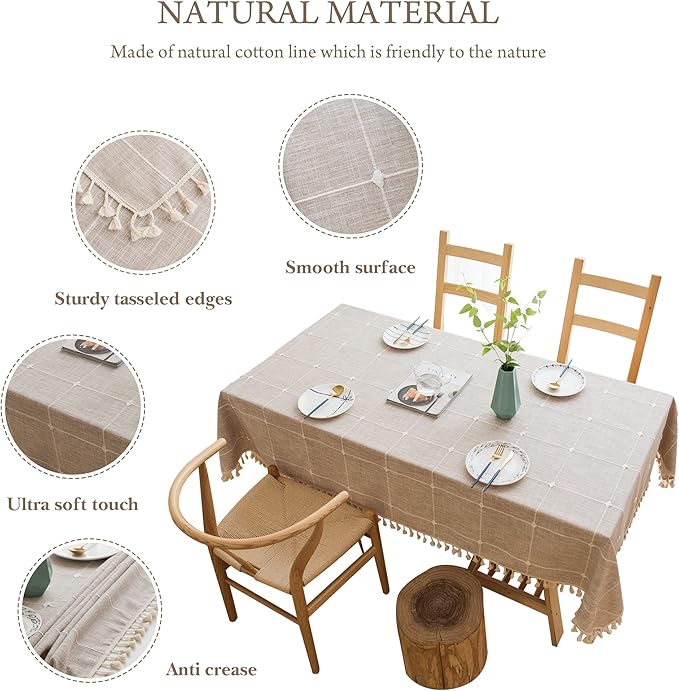 Pahajim Rustic Linen Tablecloth Cotton Rectangle Table Cloth for Kitchen Dining with Tassel Plaid Waterproof Tablecloths Square,55''x55'',4 Seats