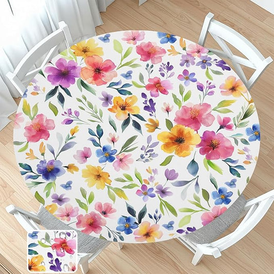 Spring Summer Floral Round Fitted Tablecloth with Elastic Watercolor Flower Outdoor Circle Table Cloth for 40-44" Tables Colorful Stretch Waterproof Washable Table Cover for Picnic Dining Party Decor