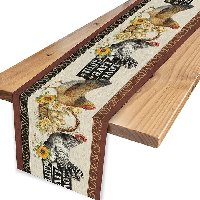 Farmhouse Rooster Table Runner, Rustic Vintage Chicken Egg Sunflower Floral Cow Hen Red Coffee Table Center Decor for Family Kitchen and Dining Room Outdoor Country Party Table Decorations, 13"x108"