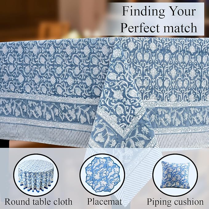 CPC Azure Regal Tablecloth 100% Cotton 60x60 Inch Indian Block Print Rectangle Table Cover, Table Cloth for Gifting in Weddings, Halloween, Fall, Christmas, Thanksgiving