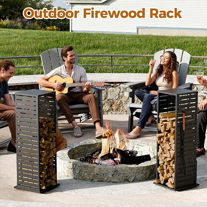 4ft Firewood Rack with Parallel Louver Pattern, Fire Wood Holder Log Storage Rack with Hooks Adjustable Feet, Firewood Stacker for Outdoor Indoor Pergola Gazebo Patio Balcony Black