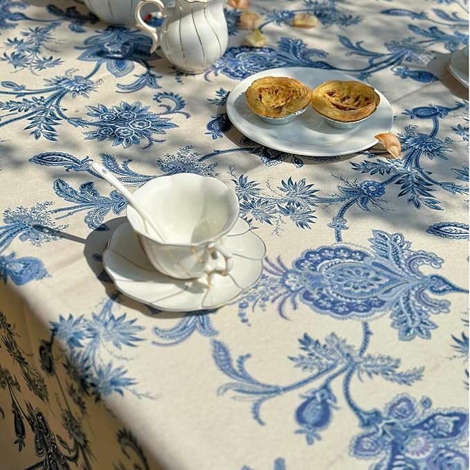 Floral Rectangle Outdoor Tablecloth, Thick Waterproof Table Cloth, Decorative Dining Table Cover for Picnic, Farmhouse, Wedding, Easter, Party - 60'' x 108'', Blue Flower