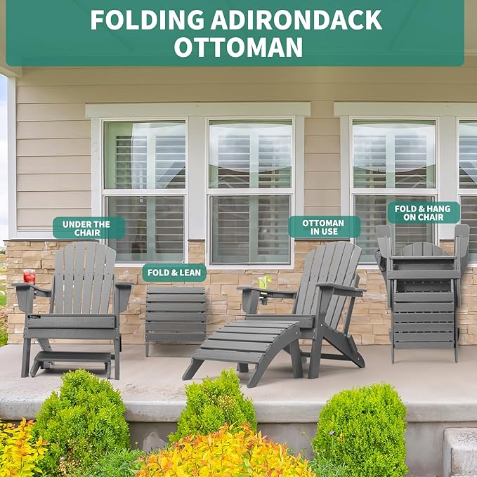 FUNBERRY Folding Adirondack Ottoman Set of 2, HDPE All Weather Outdoor Foot Rest, Easy Storage Patio Footstool, Ottomans and Footstools for Outside