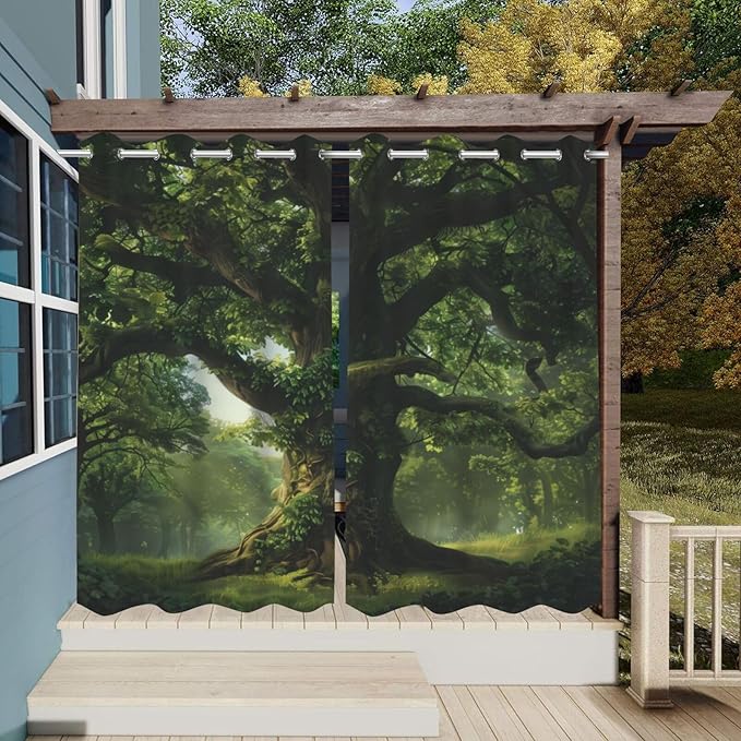 Nature Theme Outdoor Curtains for Patio Waterproof,Forest Pattern,Light Filtering Curtains Outside Curtains for Porch, Gazebo, Pergola, Backyard,Set of 2 Panels,54 x 108 inch,Green