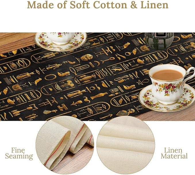 Egyptian Table Runner, Retro Egypt Mythology African Hieroglyphics Alphabet Murals Black Pattern Table Runner for Family Kitchen Coffee Dining Farmhouse Party 13x90in