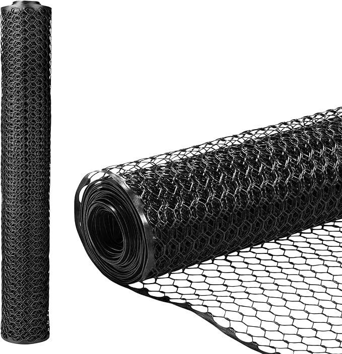 Plastic Hex Chicken Wire Mesh Garden Fence Roll (4' x 25' - Black) - Versatile Poultry Netting and Garden Fence for Temporary or Semi-Permanent Enclosures, Deer Fencing, and Construction Barriers