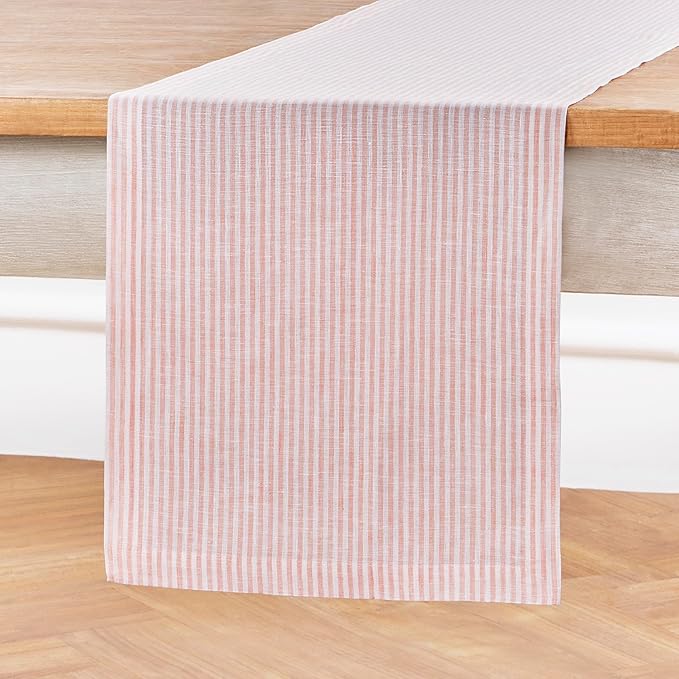 Solino Home Linen Striped Table Runner 36 Inches - Narrow Stripe, 100% Pure Linen Peach and White Small Table Runner 14 x 36 Inch Ideal for Dresser and Coffee Tables, Valentines, Spring, Easter
