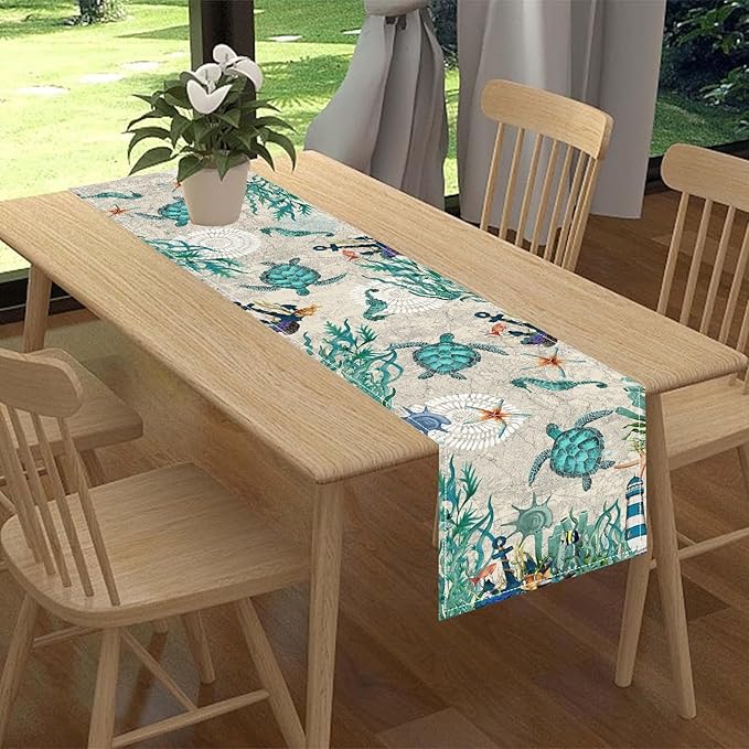 Sea Turtle Table Runner, Summer Coastal Starfish Seahorse Seashells Coastal Nautical Tropical Ocean Rustic Farmhouse Table Center Decor for Home Kitchen Dining Patio Indoor Outdoor, 13"x90" Inch