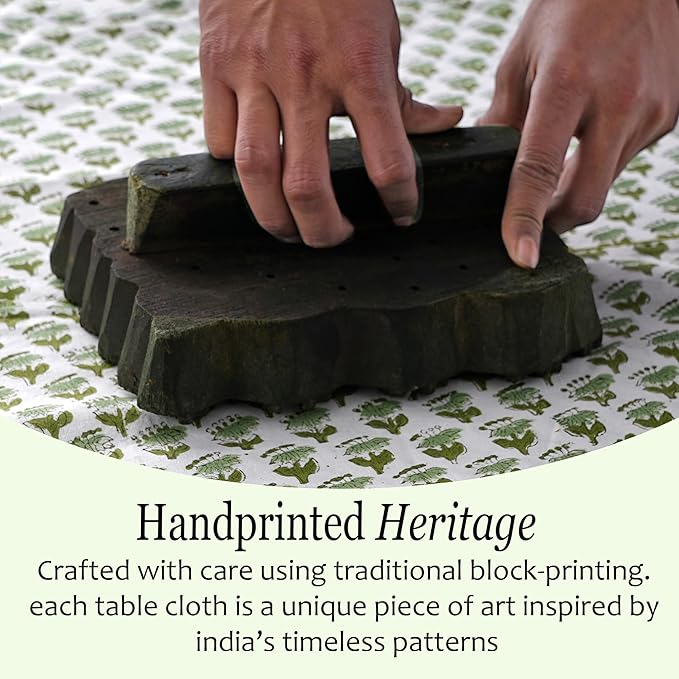 CPC Tablecloth 100% Cotton 72x190 Inch Indian Block Print Rectangle Table Cover, Green Table Cloth for Weddings, Spring, Easter, Valentines- Emerald Green