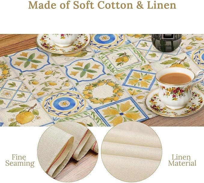 Yellow Lemon Summer Table Runner, Watercolor Spring Yellow and Blue Flower Hawaiian Style Table Runner for Holiday Party Home Kitchen Dining Table, 13x90inch