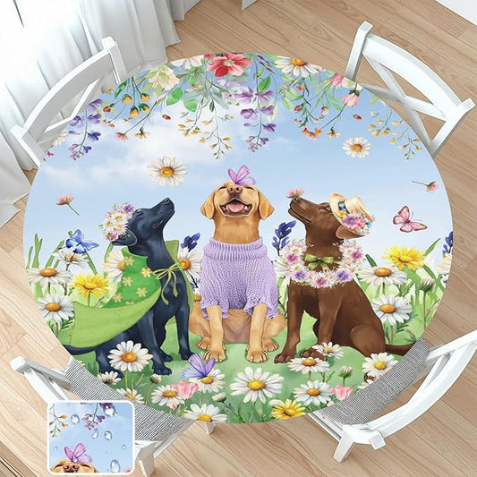 Spring Dogs Round Fitted Tablecloth with Elastic Colorful Floral Farmhouse Easter Circle Table Cloth for 40-44" Tables Wipeable Waterproof Outdoor Wildflowers Puppy Table Cover for Party Picnic Dining