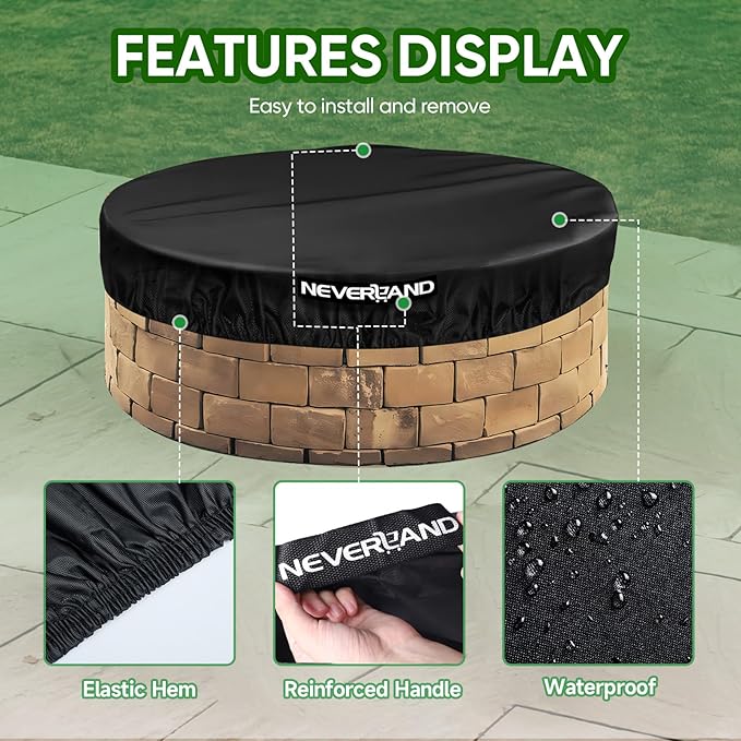 NEVERLAND Round Fire Pit Cover for In-Ground Fire Pits, 61-66 Inch Heavy Duty 600D Waterproof Outdoor Firepit Cover, Fits Built-In Stone Fire Pits, Black