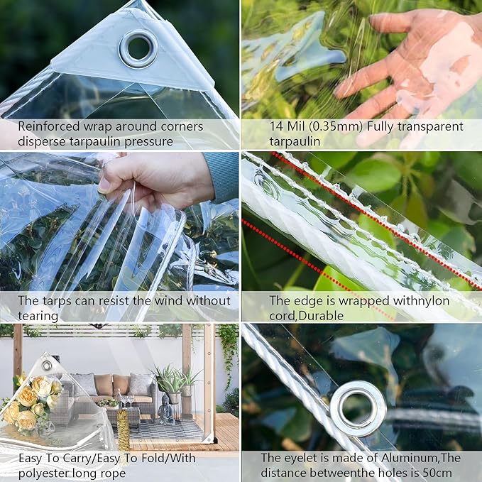 Clear Tarps Heavy Duty PVC, 14Mil Thickened Tear Resistant Waterproof PVC Vinyl Tarp，Protects Against Water,Tear, Cold Weather Resistan，for Patio,Porch and Outdoor（7' x 10'）