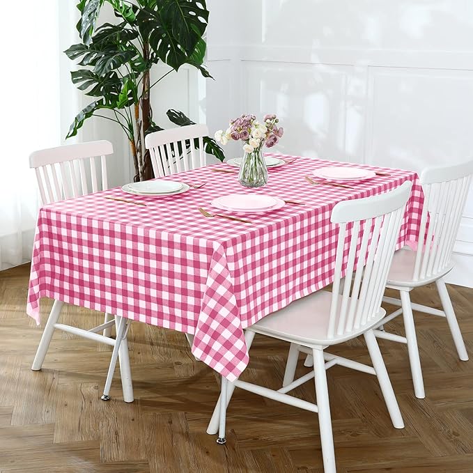 Romanstile Square Vinyl Tablecloth, 100% Waterproof Buffalo Gingham Plastic Table Cloth, Heavy Duty Wipeable Checkered Table Covers for Outdoor, Camping, Picnic, Patio - 54 x 54, Hot Pink