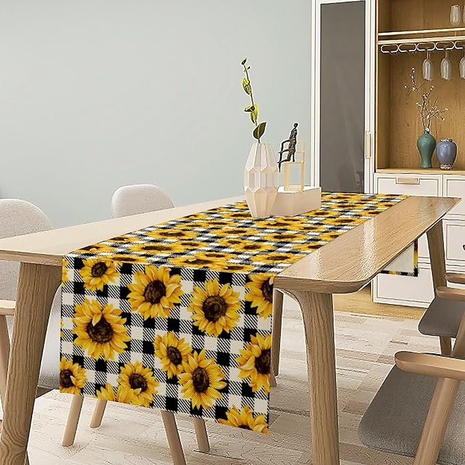 Summer Sunflower Table Runner, Sunshine Seasonal Buffalo Plaid Table Runner for Indoor Home Party Kitchen Dining Outdoor 13x36in