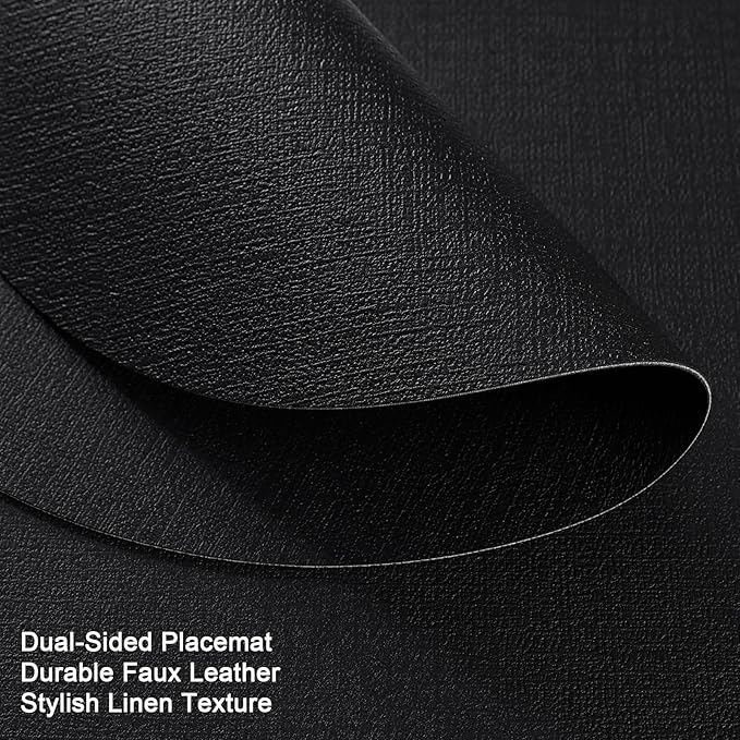 Placemats and Coasters, Washable Reversible Placemats Round Faux Leather Wipeable Place Mats Non Slip Heat Resistant Indoor Outdoor Table Mats (Set of 4, Black)