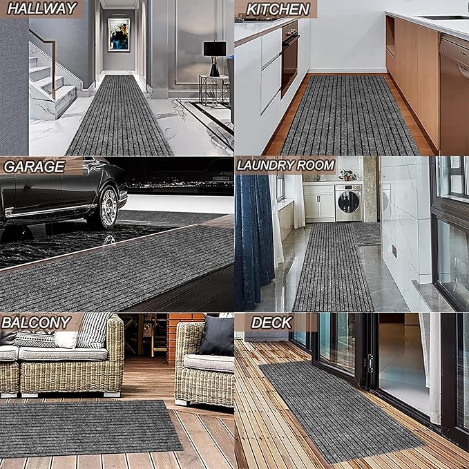 4' x 60' Runner Rugs with Rubber Backing, Indoor Outdoor Utility Carpet Runner Rugs, Stripe Gray, Can Be Used as Aisle for The RV and Boat, Laundry Room and Balcony